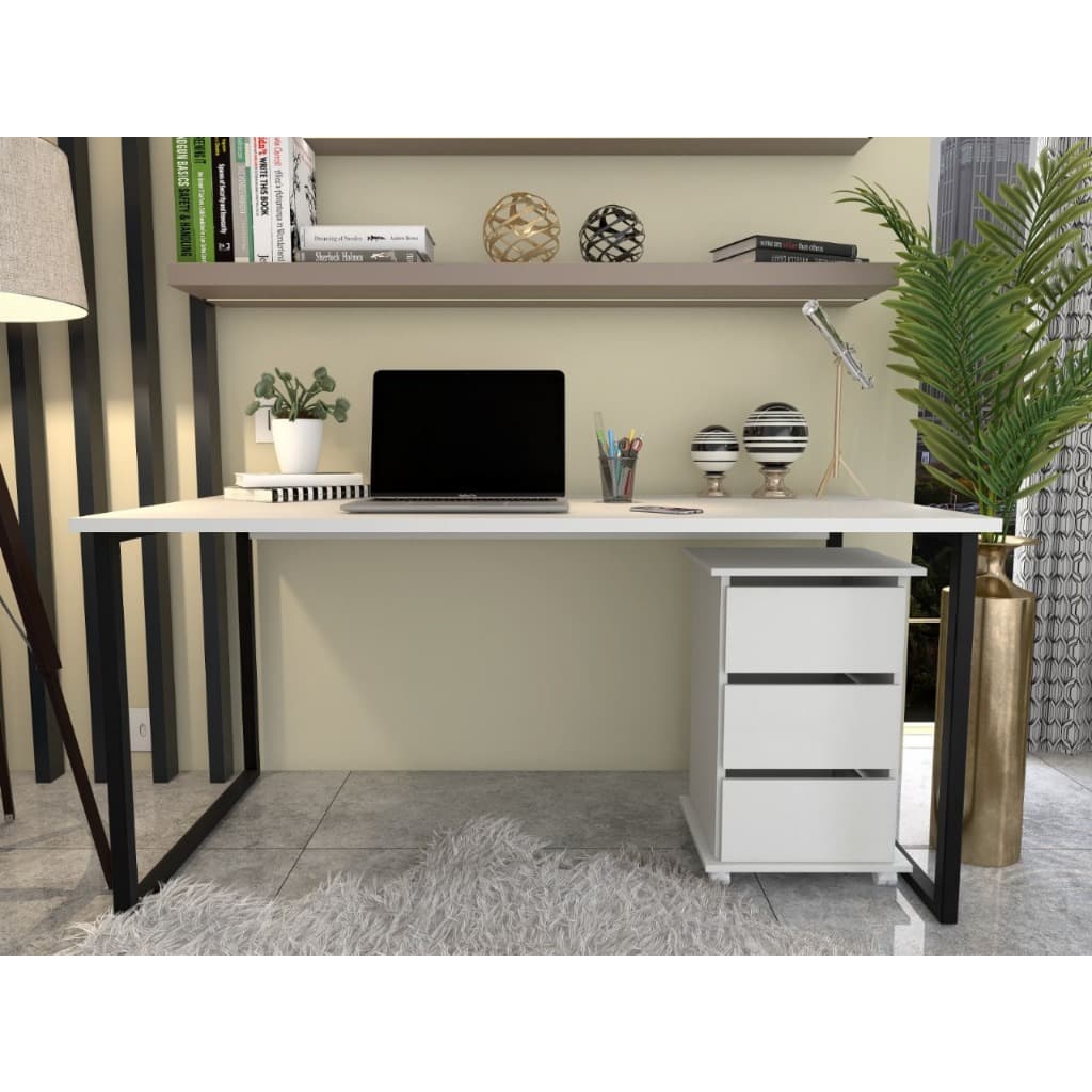 Conjunto Mesa Escrivaninha Escritório + Gaveteiro Carrinho Auxiliar 3 Cores