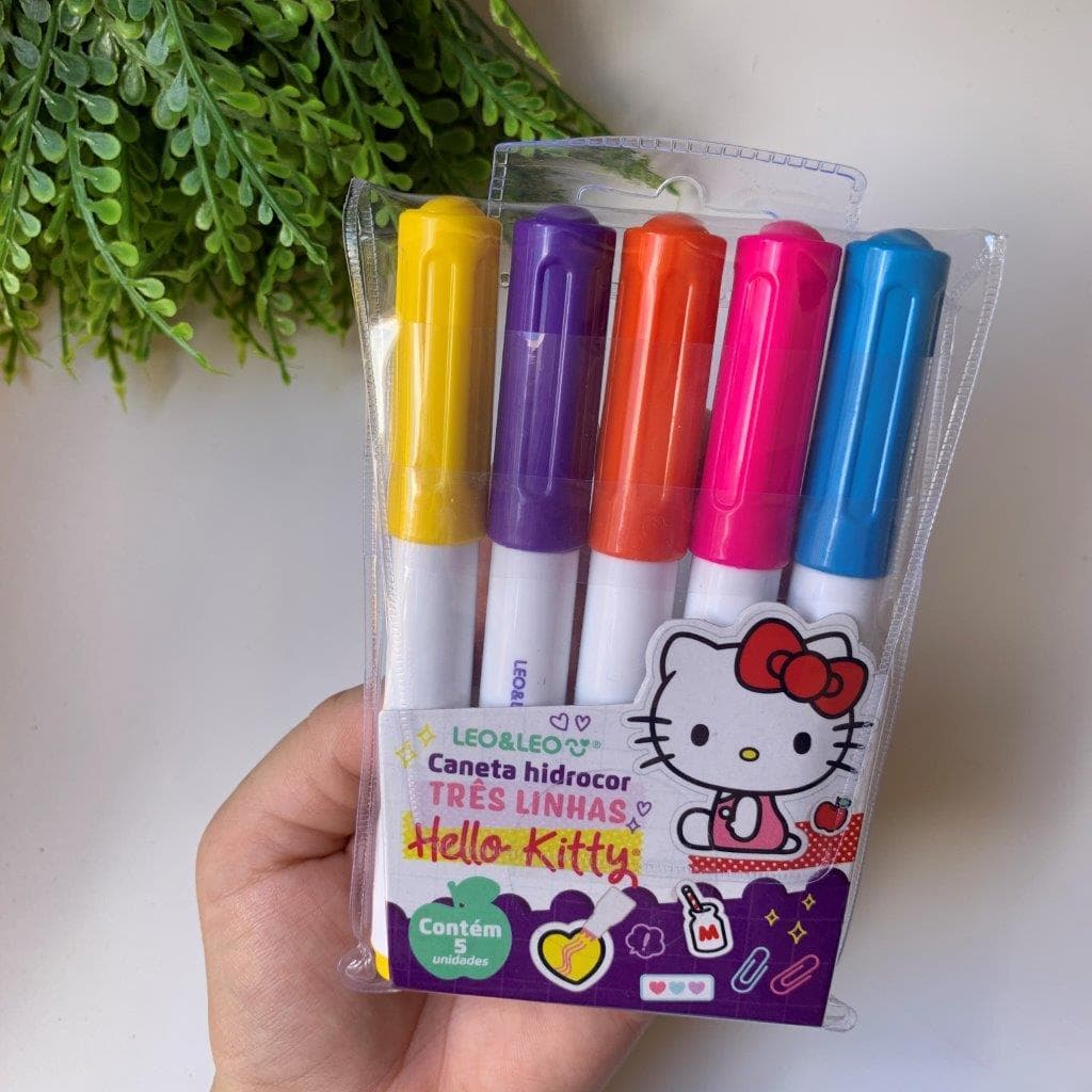 Caneta Hidrocor 3 Linhas Hello Kitty Estojo C/ 5 Cores Leo&Leo