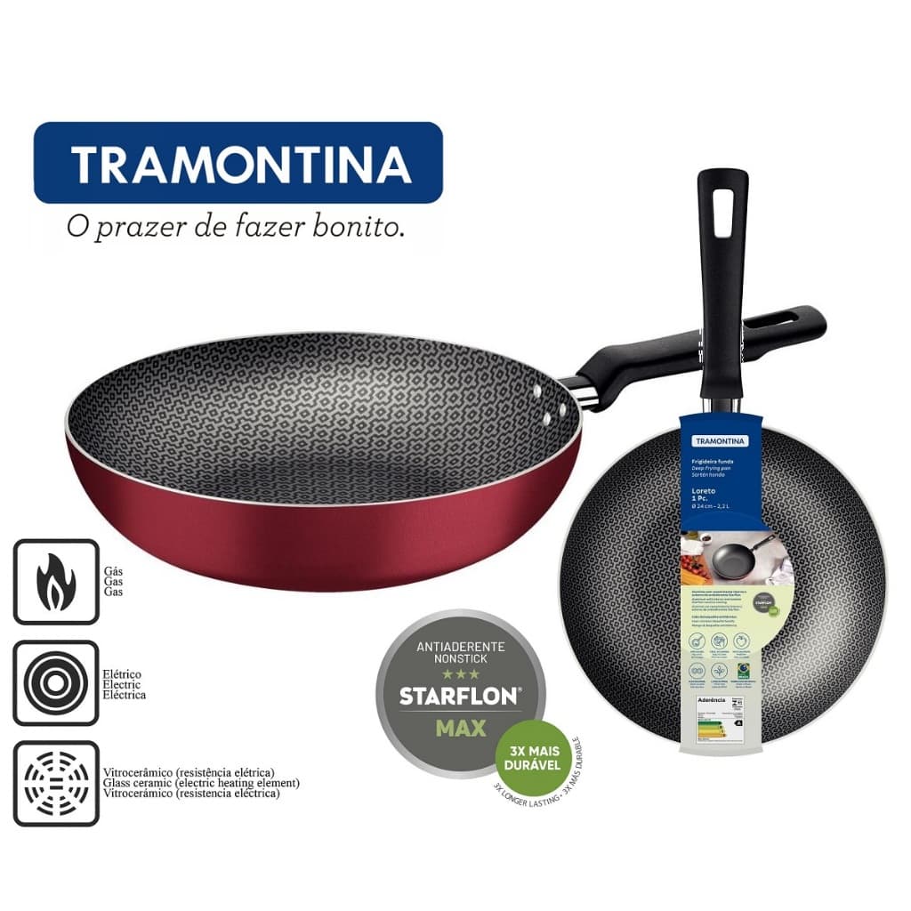 Frigideira Funda Antiaderente 24cm 2,2 Litros Tramontina Loreto Vermelha