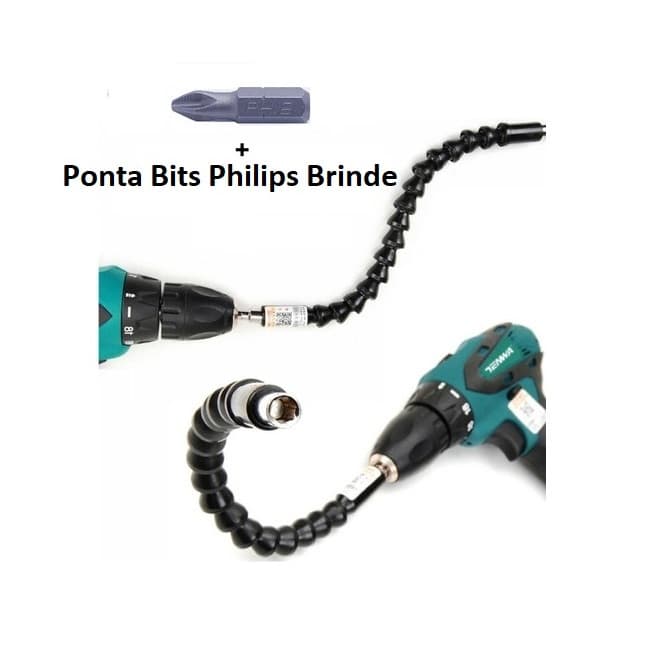 Eixo Extensor Parafusadeira Prolongador Haste Flexível 29,5cm + 1 Bits Philips
