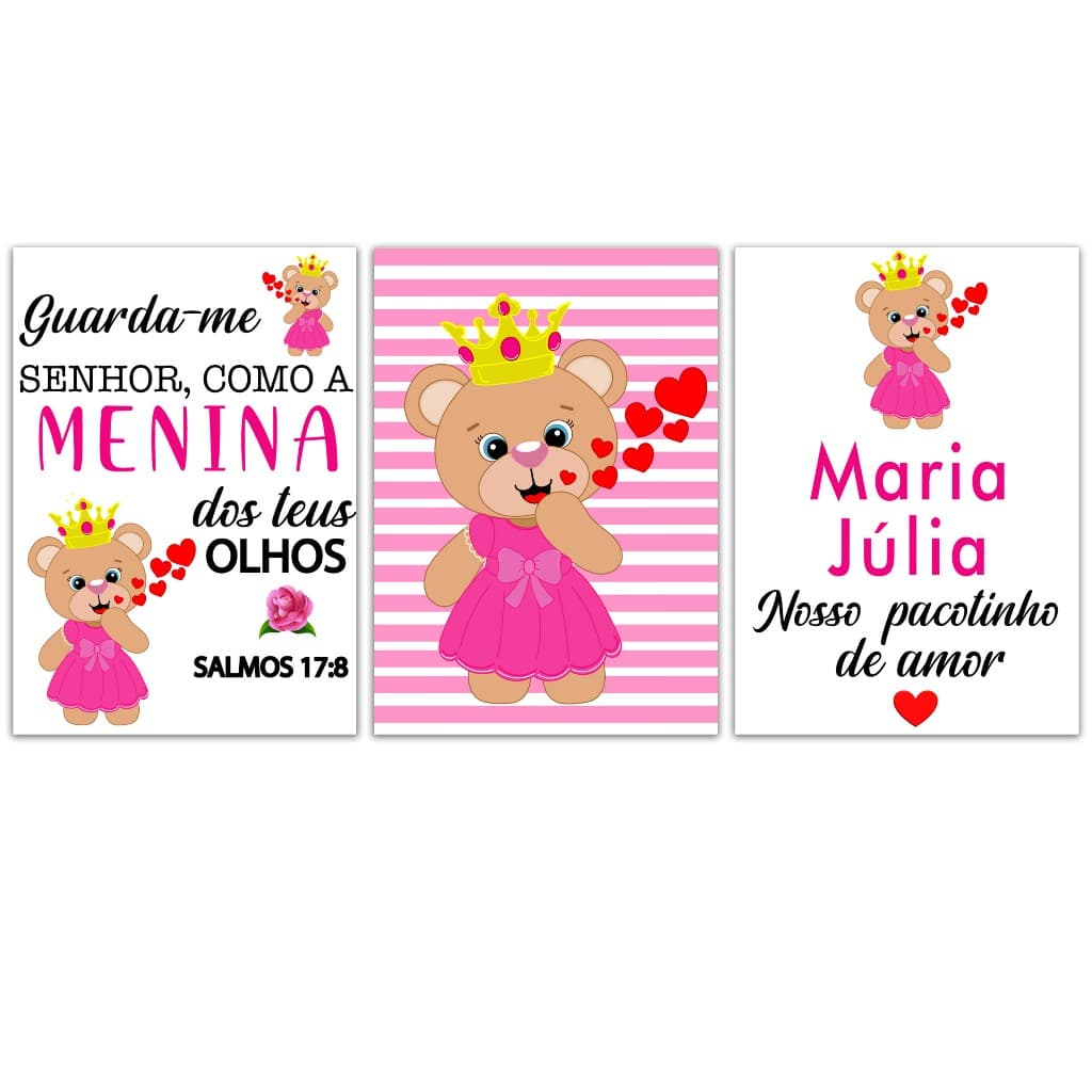 Kit 3  Quadros  Menina Ursinha Personalizado 21x30 - Urso Baby Bebê Infantil Kids Guarda - me senhor Por essa filha