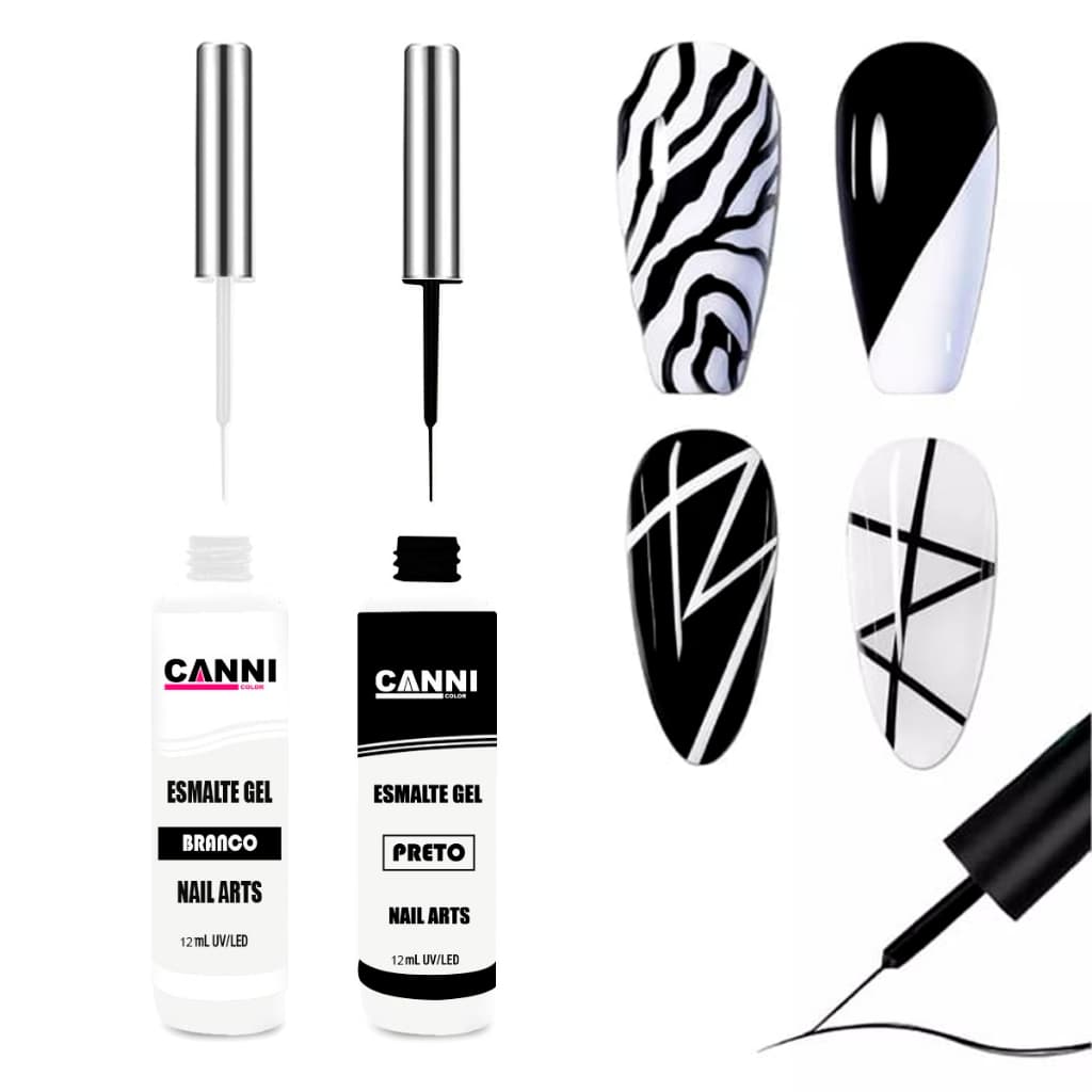 Kit 2 Esmaltes Em Gel Ponta Fina Branco White E Preto Black 12ml - CANNI COLOR Lançamento
