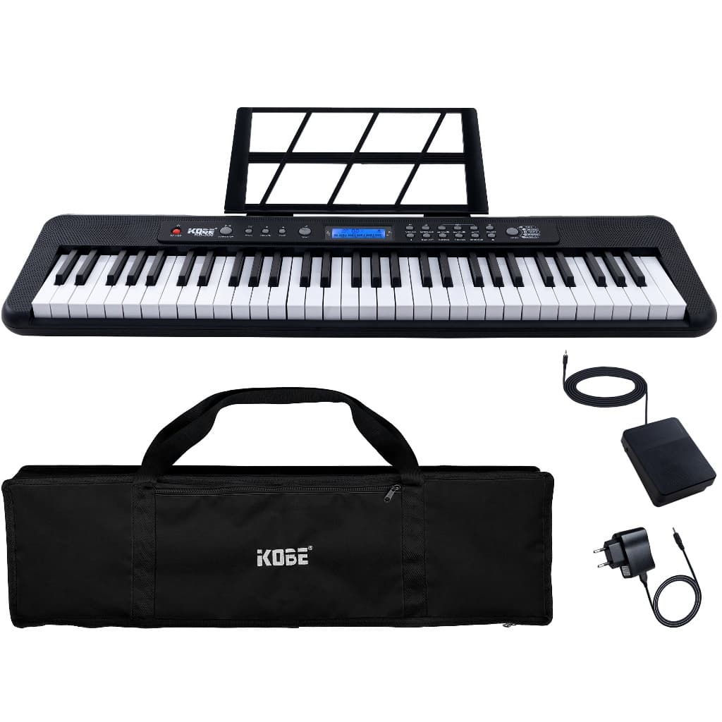 Kit Teclado Musical Digital Kobe KB-300 5/8 61 Teclas Sensíveis ao Toque com Pedal Sustain e Capa