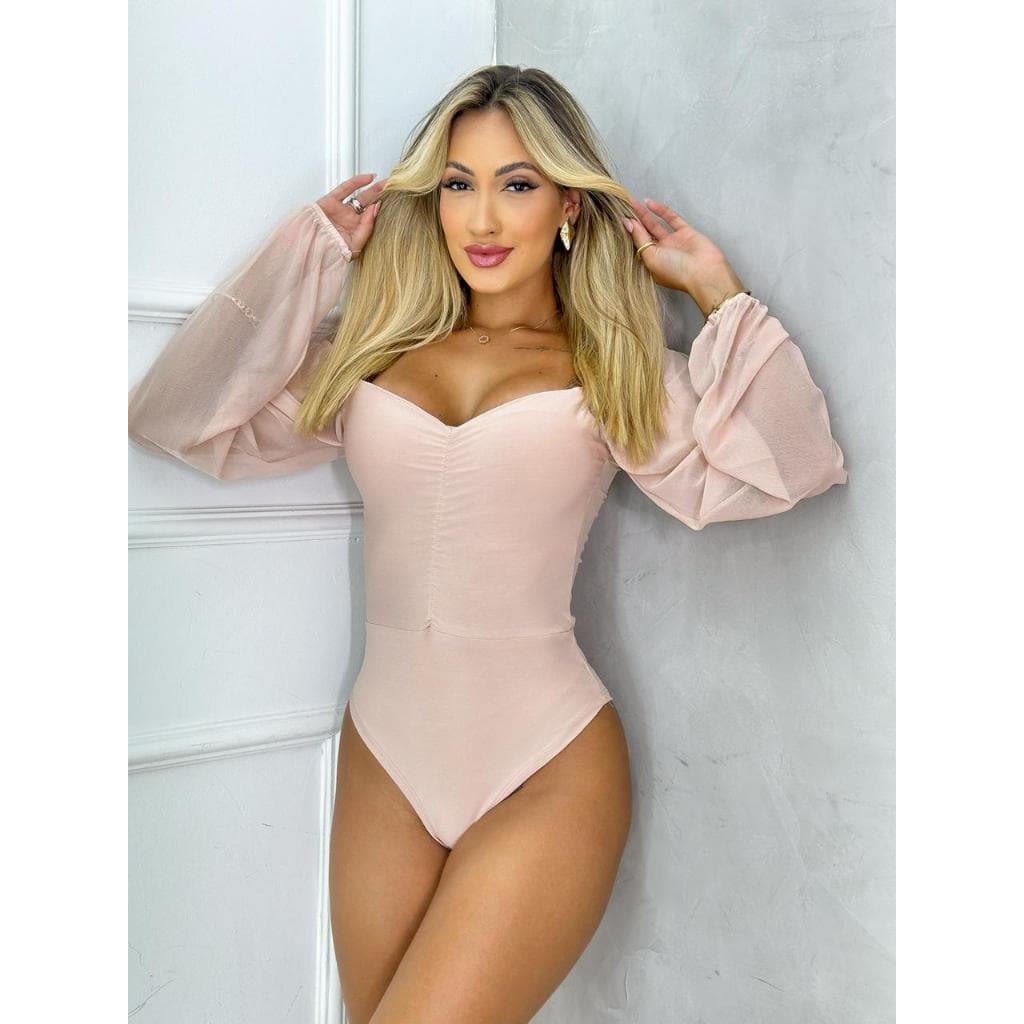 Body Com Manga Tule Feminino Manga Princesa Franzido Juliette Bufante Roupas Feminina para festa balada