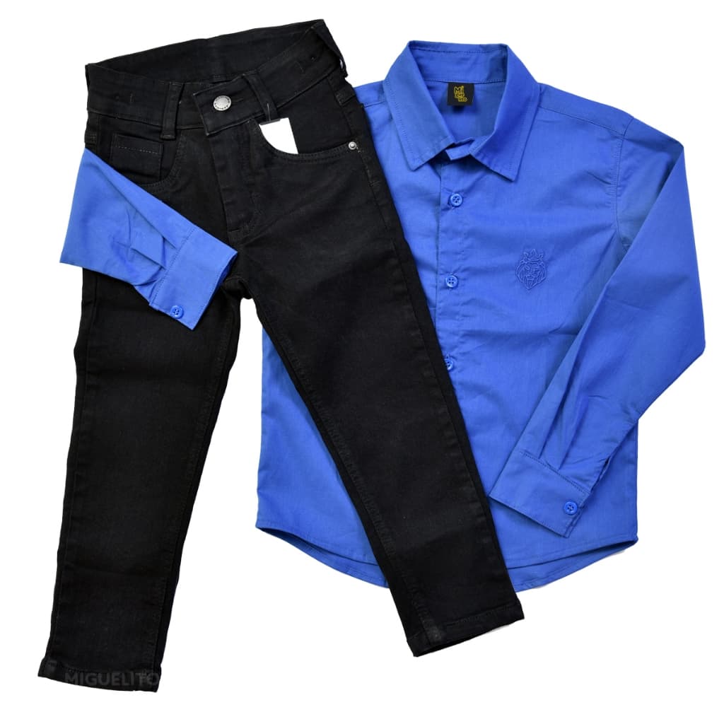Conjunto Menino Camisa Azul Royal Ml + Calça Jeans Preta