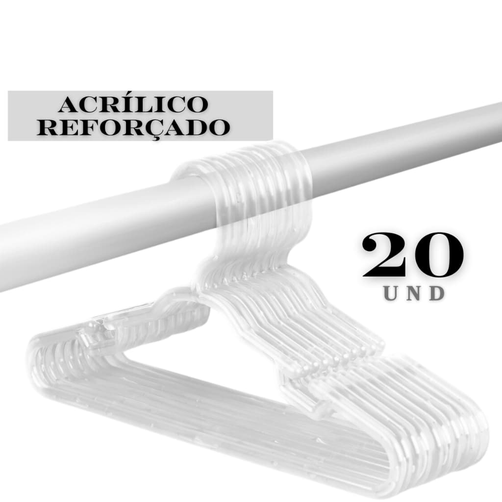 Kit 20 Cabides Infantis Reforçados Transparente Cristal Acrílico para Organização