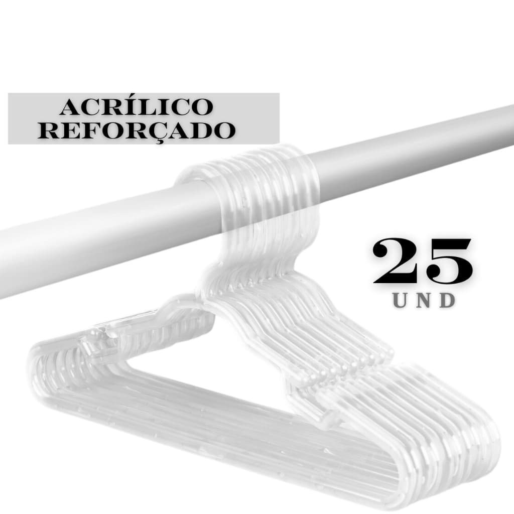 Kit 25 Cabides Infantis Reforçados Transparente Cristal Acrílico para Organização