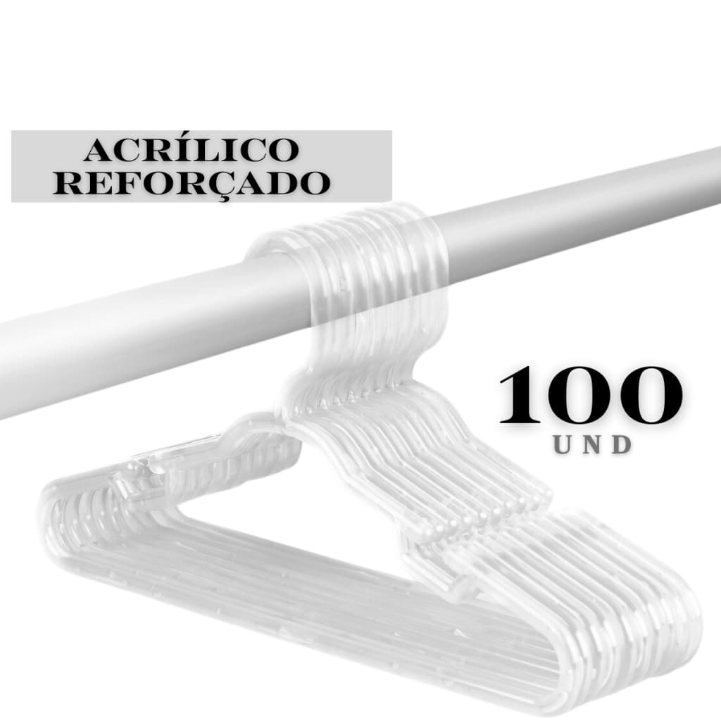 Kit 100 Cabides Infantis Reforçados Transparente Cristal Acrílico para Organização