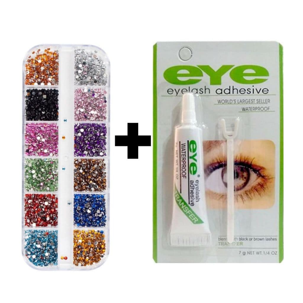 Kit Estojo Strass Colorido Para Maquiagem e Nail Art + Cola Transparente