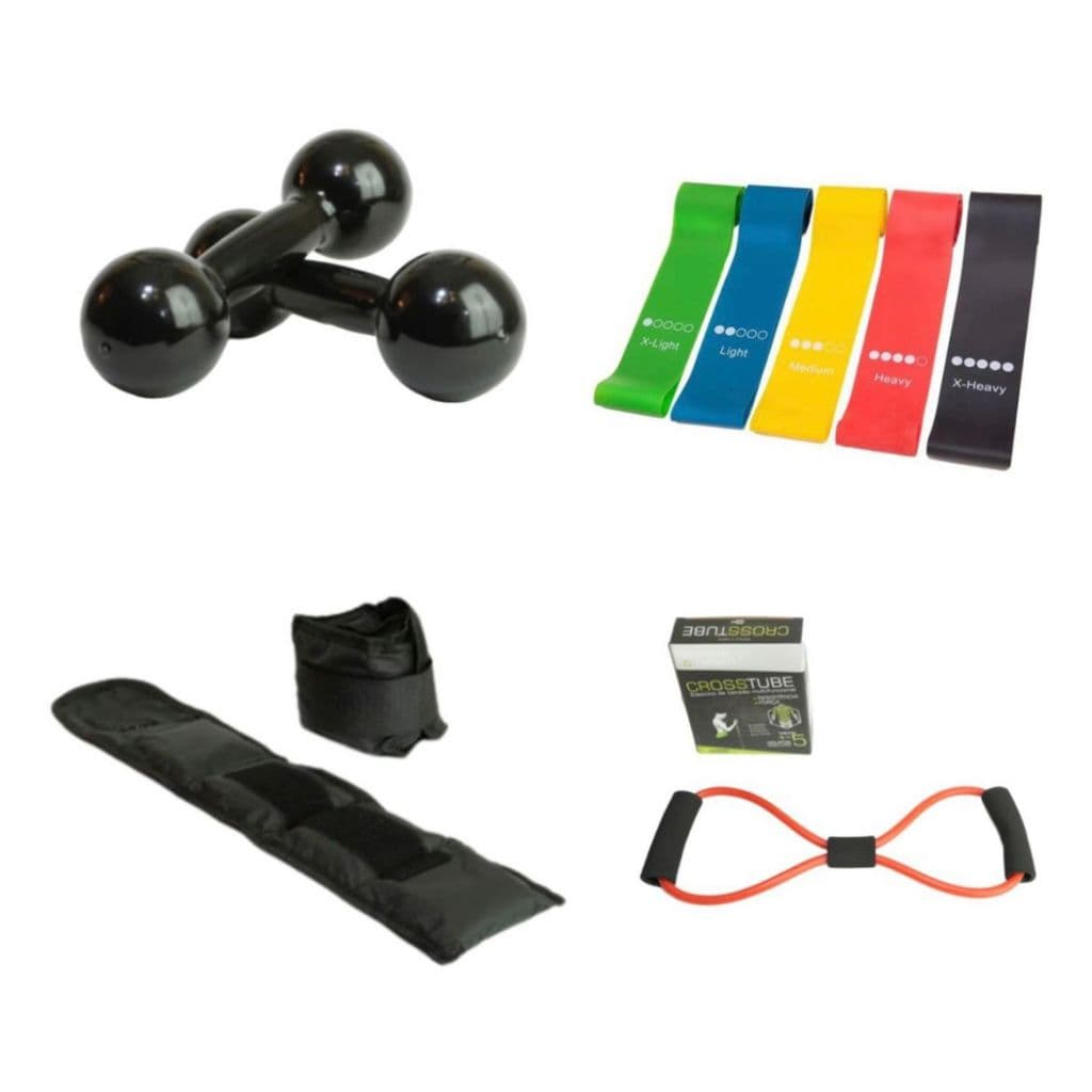 Kit Treine Em Casa Par Halter 3 kg + Par De Caneleira 4 Kg + Kit Theraband + Elástico Multifuncional