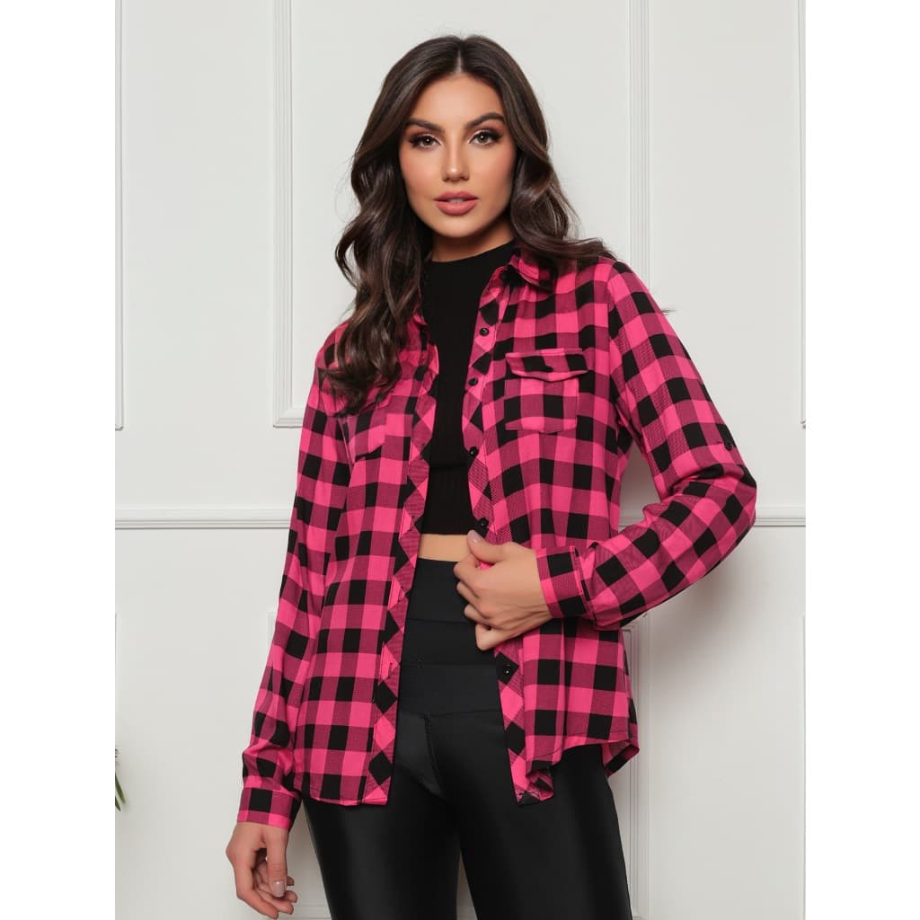 Camisa Xadrez Feminina Em Viscose Blusa Com Bolsos