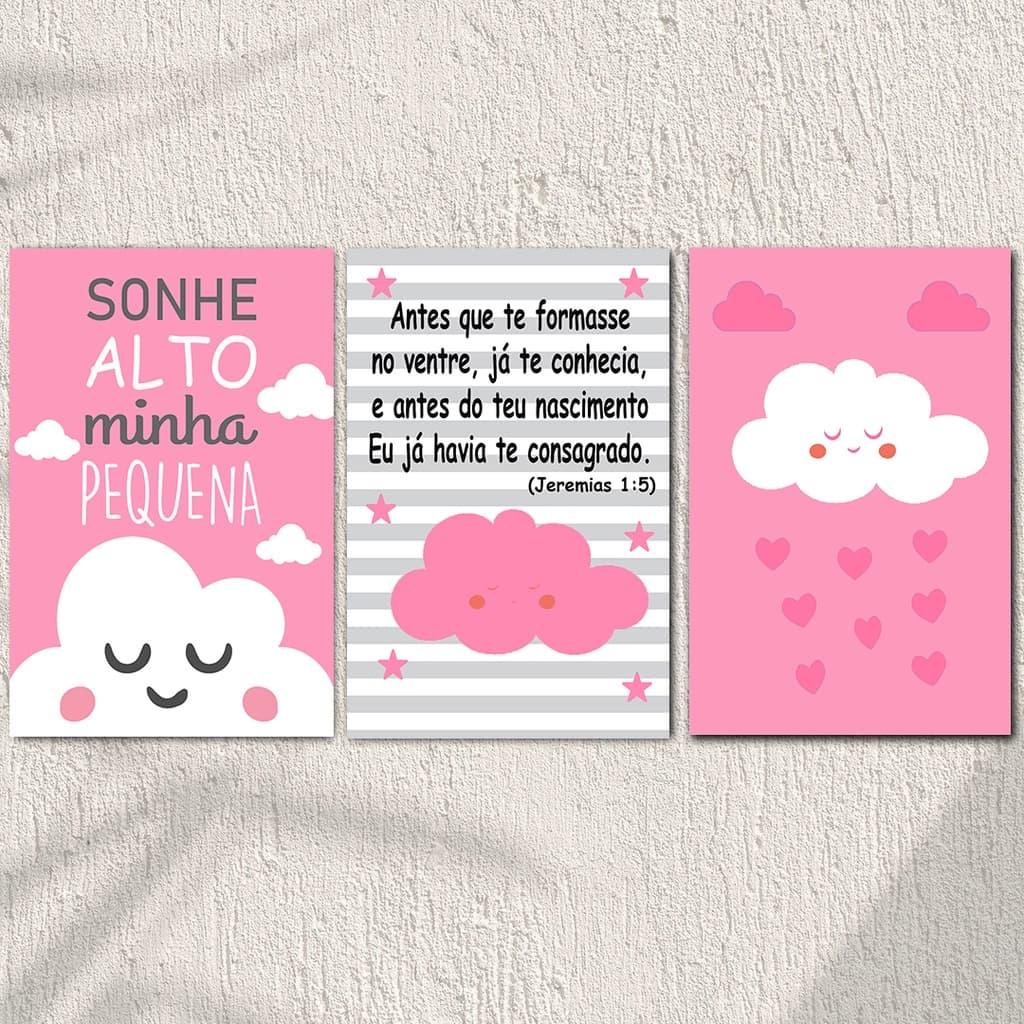 Kit Quadros Decorativos Mosaico 3 Peças Sonhe Alto Minha Pequena Nuvem Rosa Menina Garota Princesa