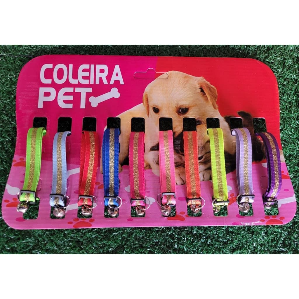 Cartela 10 Coleiras Elasticas com Brilho/Glitter - Pingente Guizo