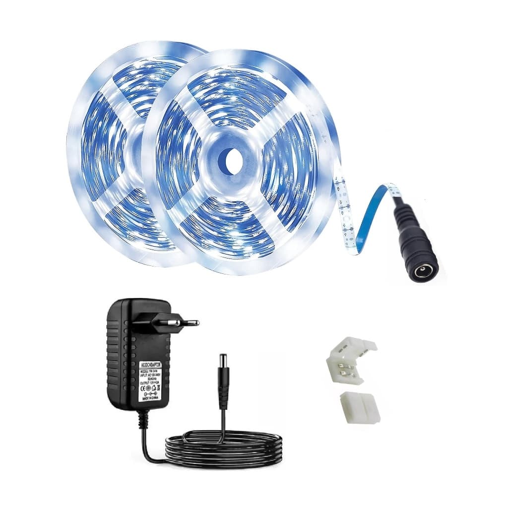 10 Metros Fita LED Branco Frio + Fonte 12V_600 LEDs 3528 c/5M+5M c/Emenda S/Silicone IP20 Fte Bivolt