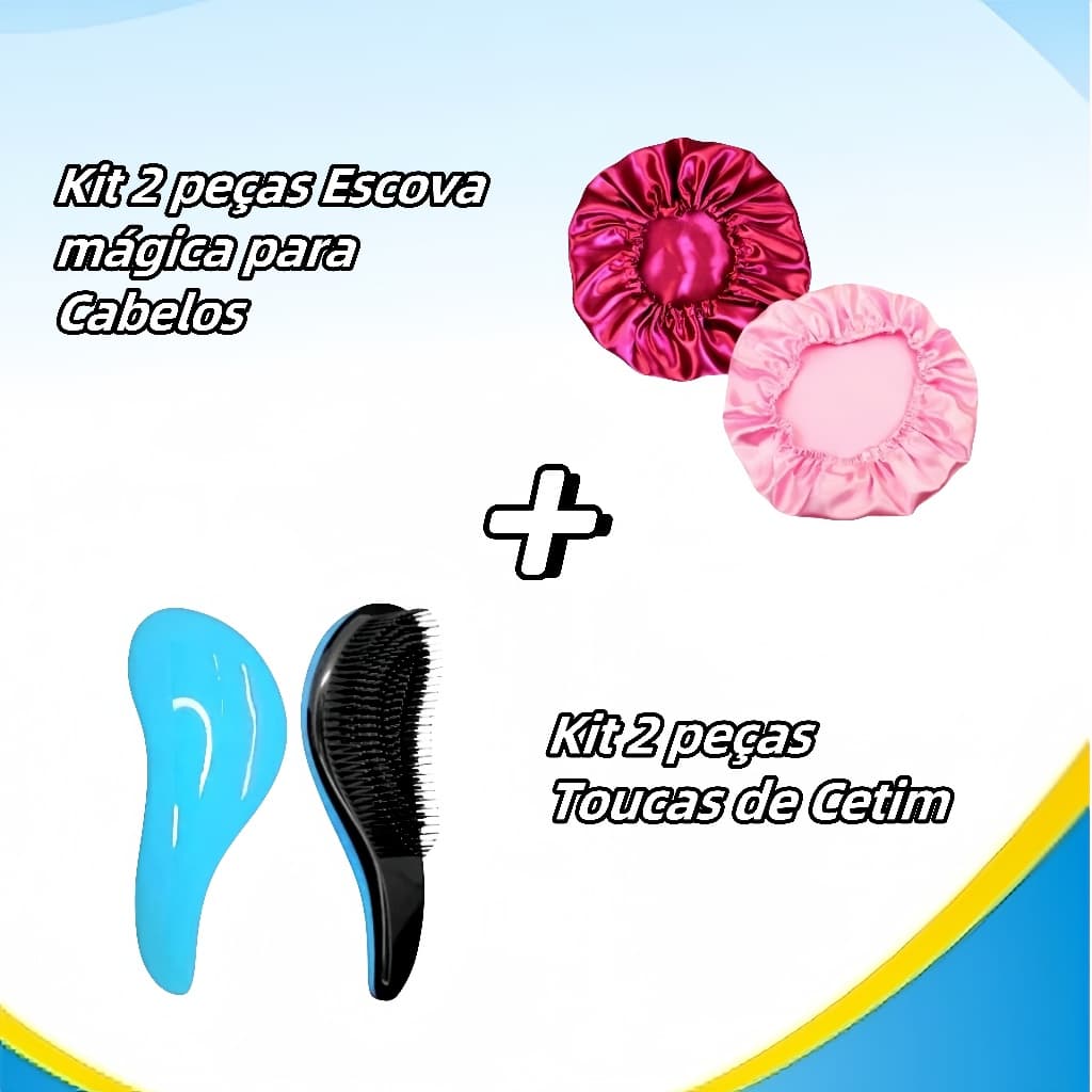 Kit 2 Peças Escova Mágica para Cabelos + 2 Peças Toucas de Cetim