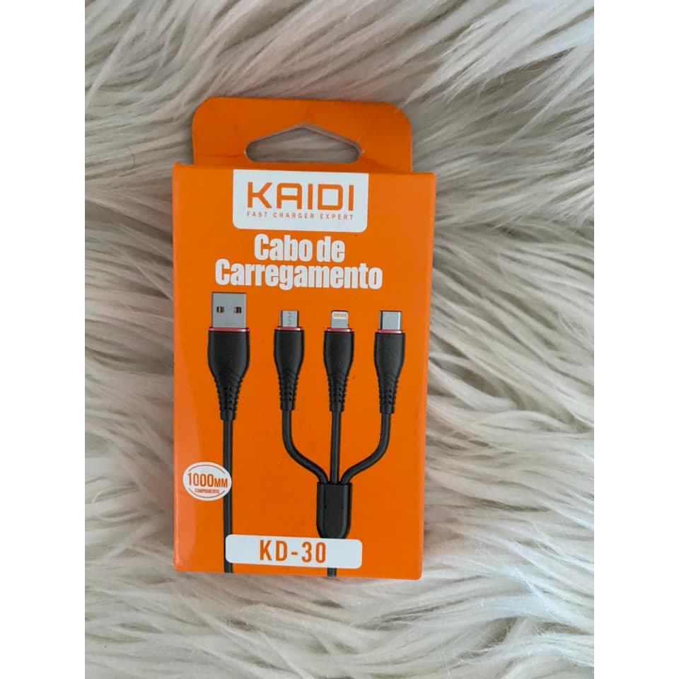 CABO KAIDI 3.0A 3 EM 1 TIPO C, MICRO USB E IOS KD-30