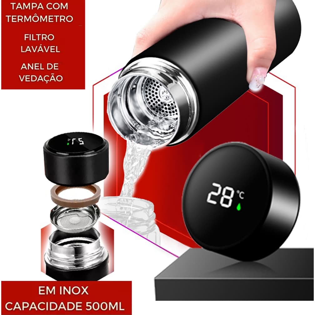 Garrafa Térmica 500ml Inox Sensor Digital Inteligente Com Medidor De Temperatura Ideal Para Viagens Escritório Frio Quente