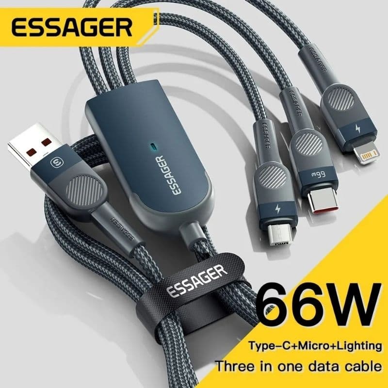 Cabo Carregador 3 em 1 Essager – Lightning, Micro USB e Tipo-C com Carregamento Rápido ⚡🔌