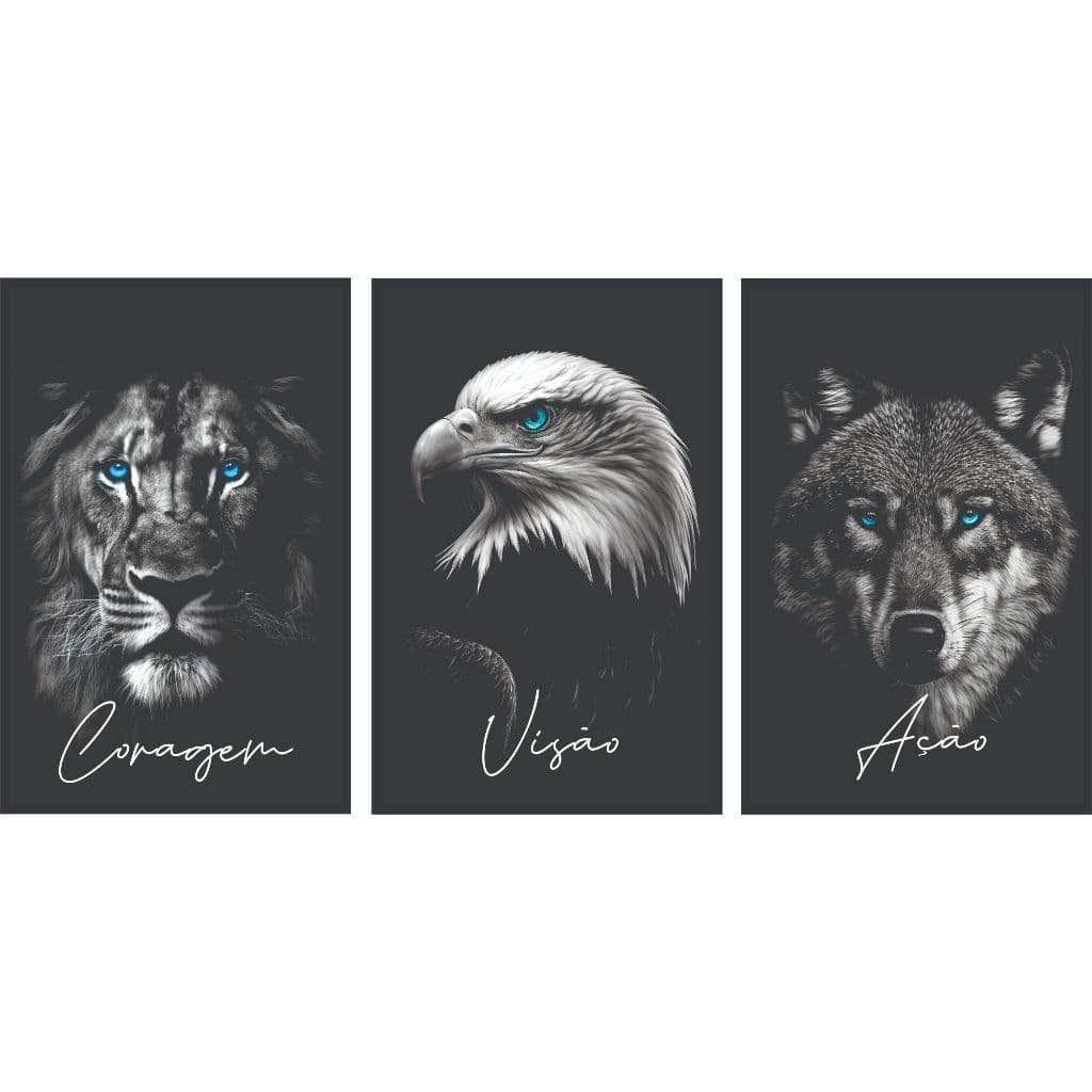 kit quadros decorativos motivação coragem visão ação academia decoração quartos sala 3 peças n005 (FOCO PRETO)