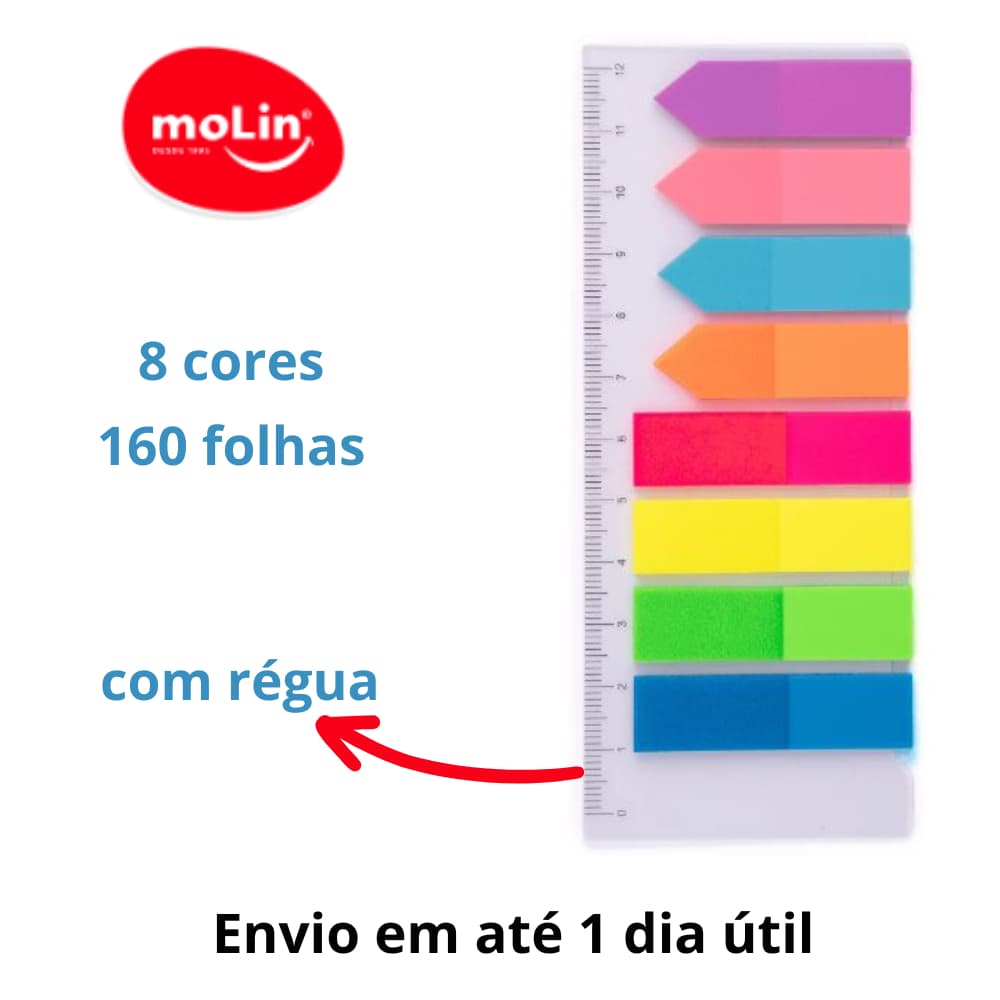 Marcador de Página Plástico com Régua Molin 160 folhas 8 cores