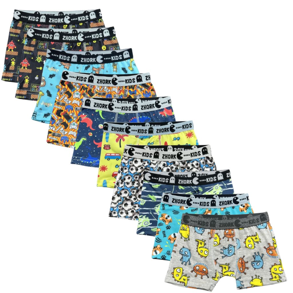Kit 10 Cuecas Box Microfibra Forro 100% algodão 4 ao 8 Boxer Infantil Estampas Sortidas