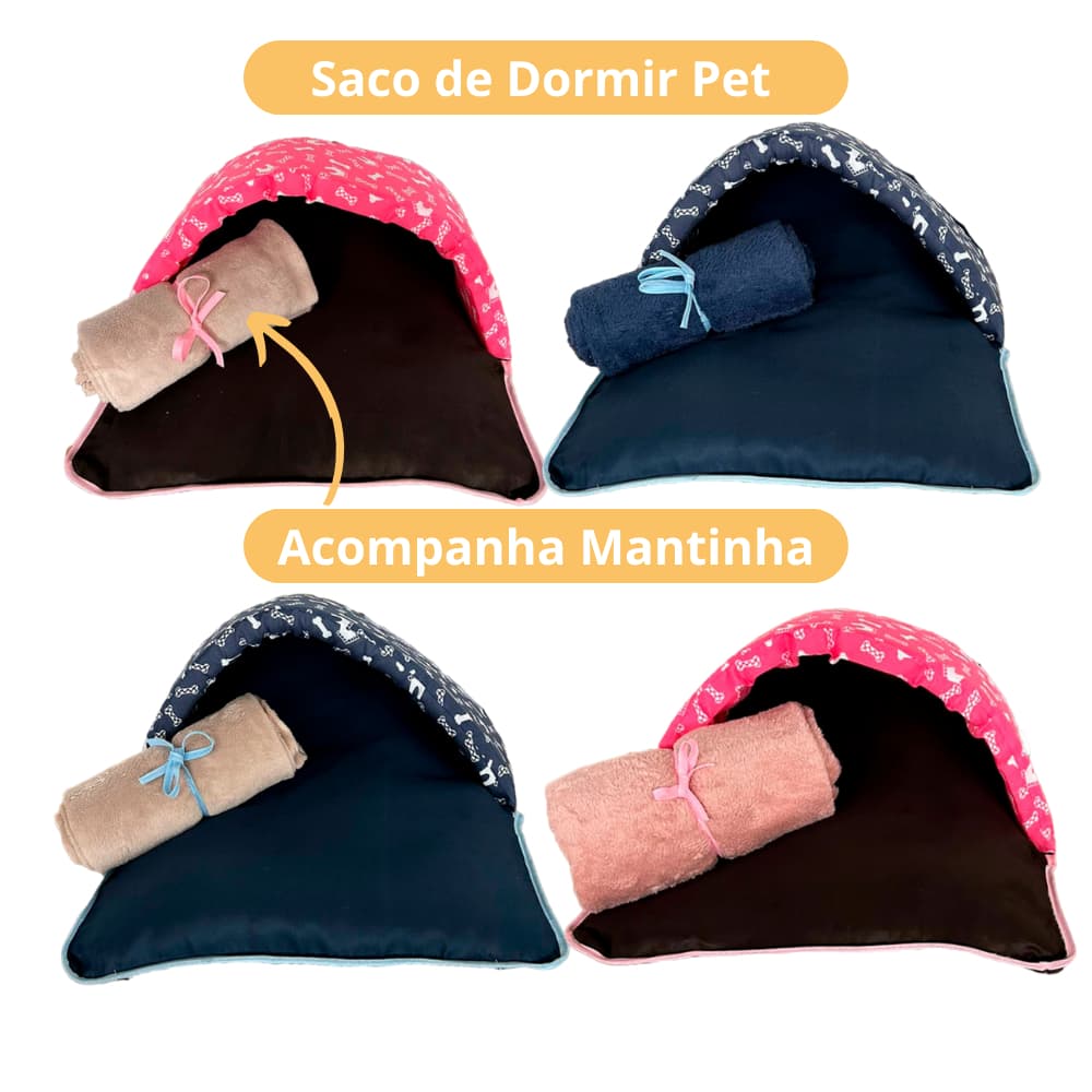 Cama Saco de Dormir Pet Colchonete Envelope Impermeável + Mantinha Cobertor Pet Téo Azul Ou Pink