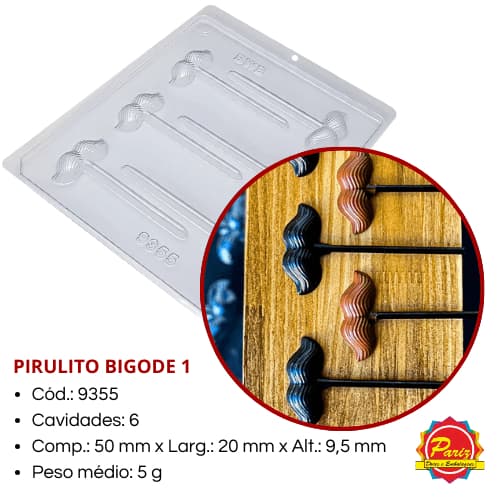 KIT 3 Formas Pirulito Bigode 1 Simples sem Silicone C.9355 Forma para Chocolate - BWB