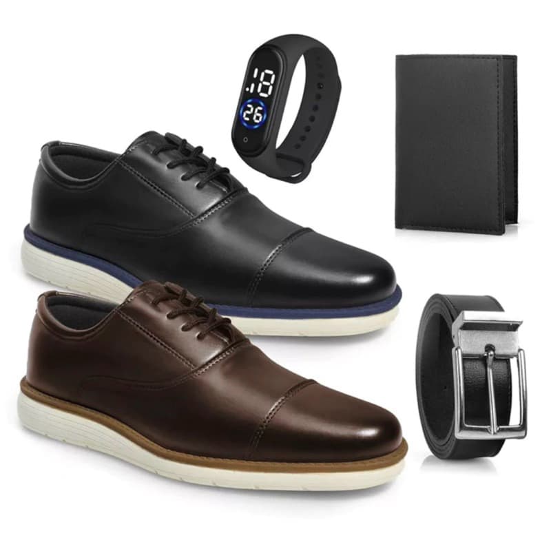 Kit 2 Pares de Sapato Social Masculino Oxford nglês Moderno Confort Costurado Super Macio + Cinto Carteira e Relógio