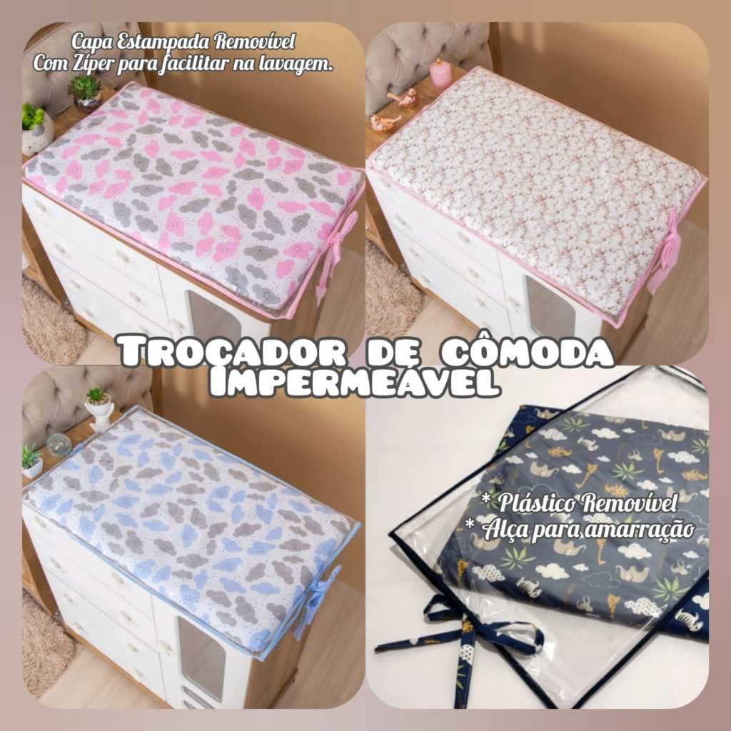 Trocador de Cômoda Plastificado Impermeável com alça de amarração e Zíper Tecido de Algodão