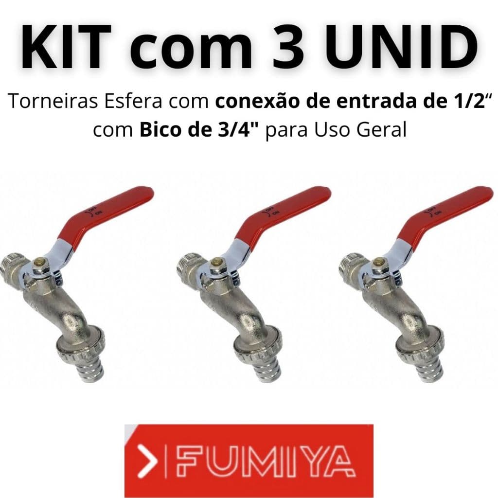 Kit com 3 Torneiras Esfera de Jardim – Conexão de Entrada 1/2 Bico 3/4