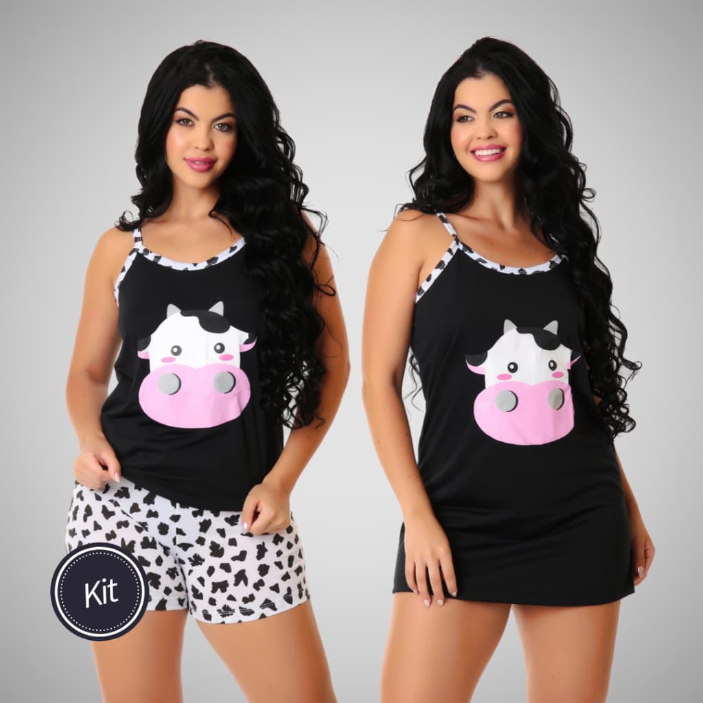 Kit Conjunto De Dormir Vaquinha Short Doll Alcinha Curto Camisola Modal Verão Estampado 368