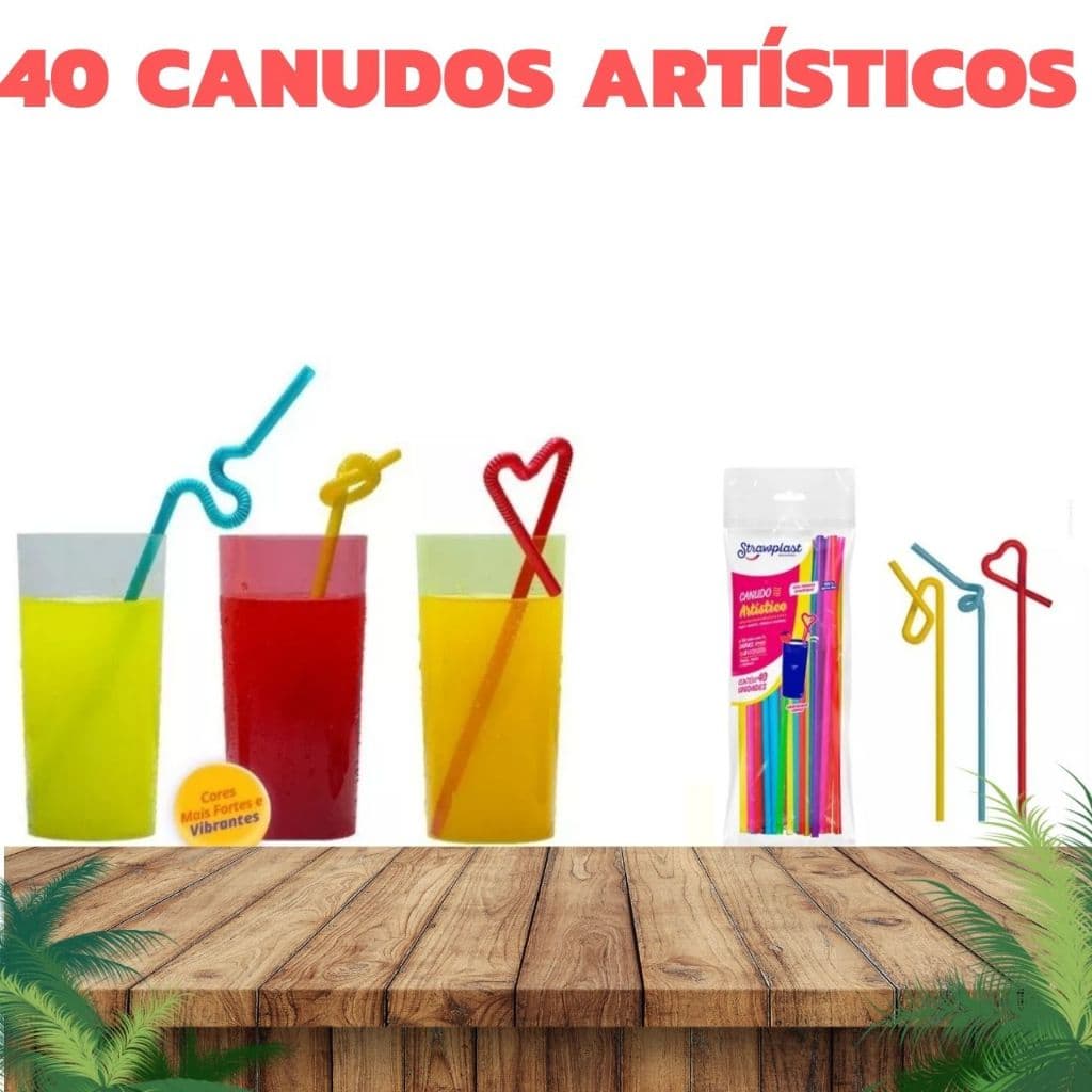 Canudos Descartáveis Coloridos Artísticos, flexíveis c/ mexedor para uso em sucos, drinks, coquetéis
