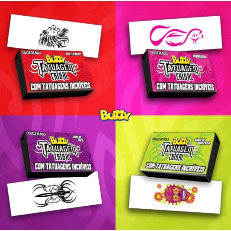 Chicletes Buzzy Tatuagem Tribal c/100 Unidades Morango - Uva - Hortelã e Tutti - Frutti