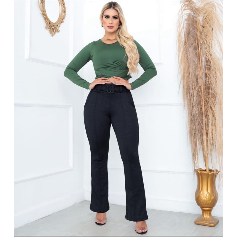 Calça feminina Flare com bolso na frente Cintura alta elegante em crepe
