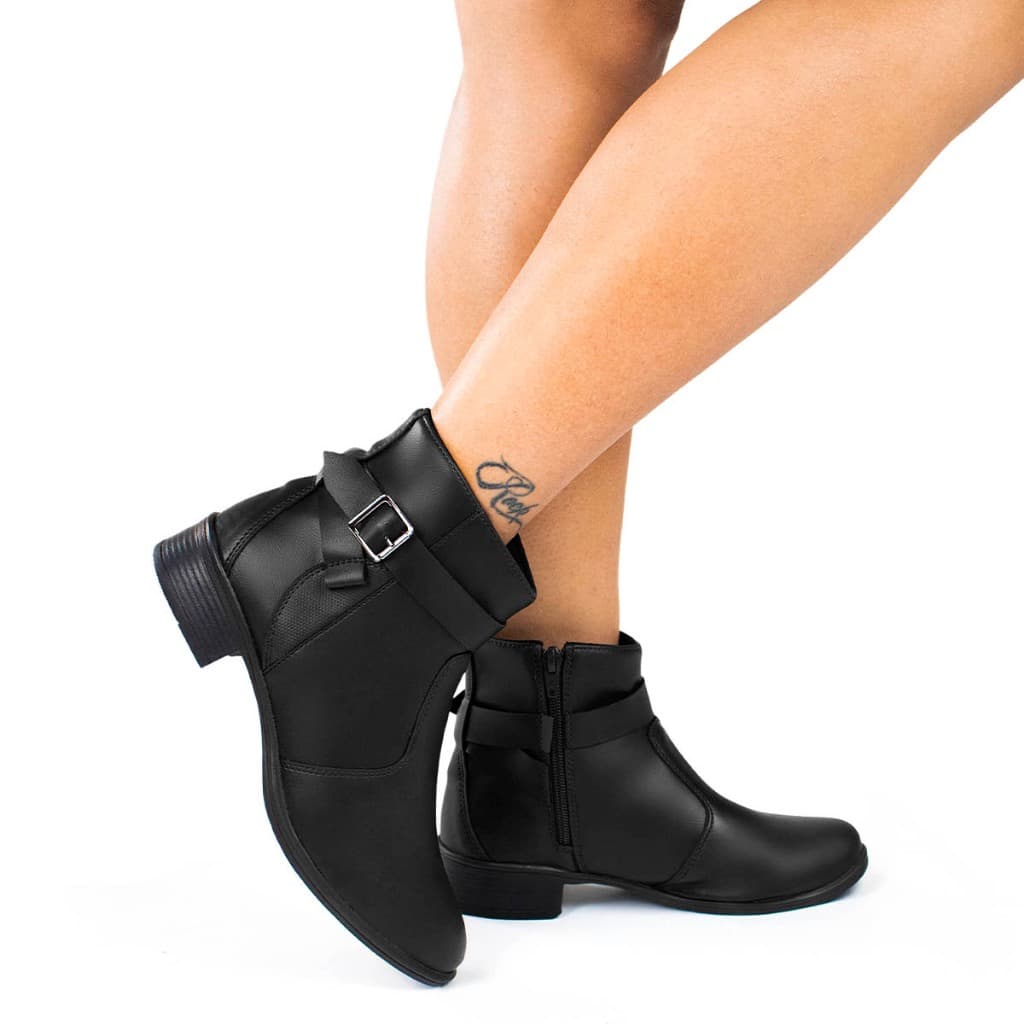 Bota Feminina Coturno Preto Cano Curto Ziper Salto Baixo Grosso Elegante Oferta