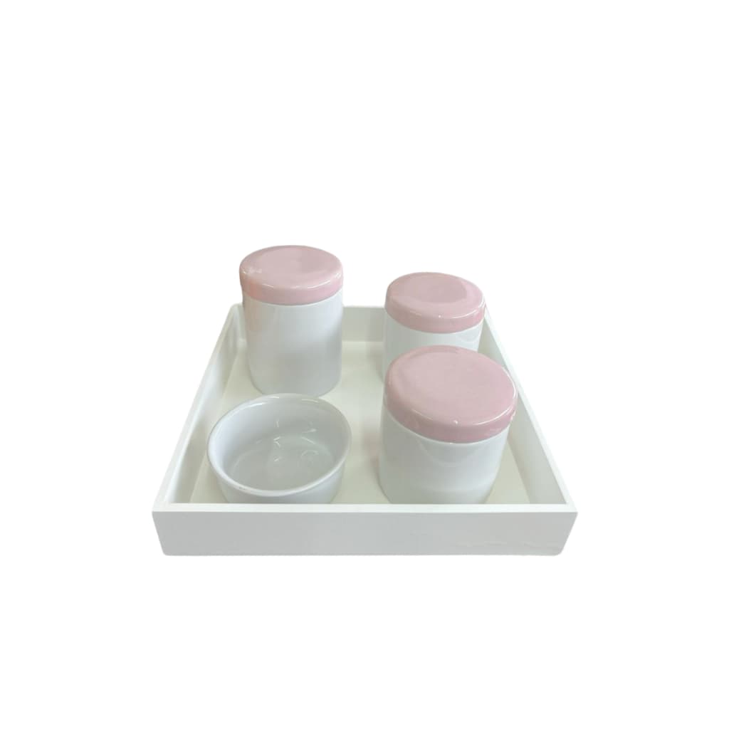 Kit Higiene Bebê Porcelana Branco Gelo Bandeja MDF Rosa 5 Peças Potes Tampa Rosa e Molhadeira