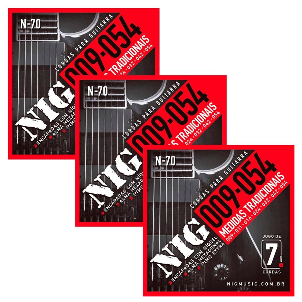 KIT C/ 3 ENCORDOAMENTOS NIG P/ GUITARRA 7 CORDAS 0.9 N-70