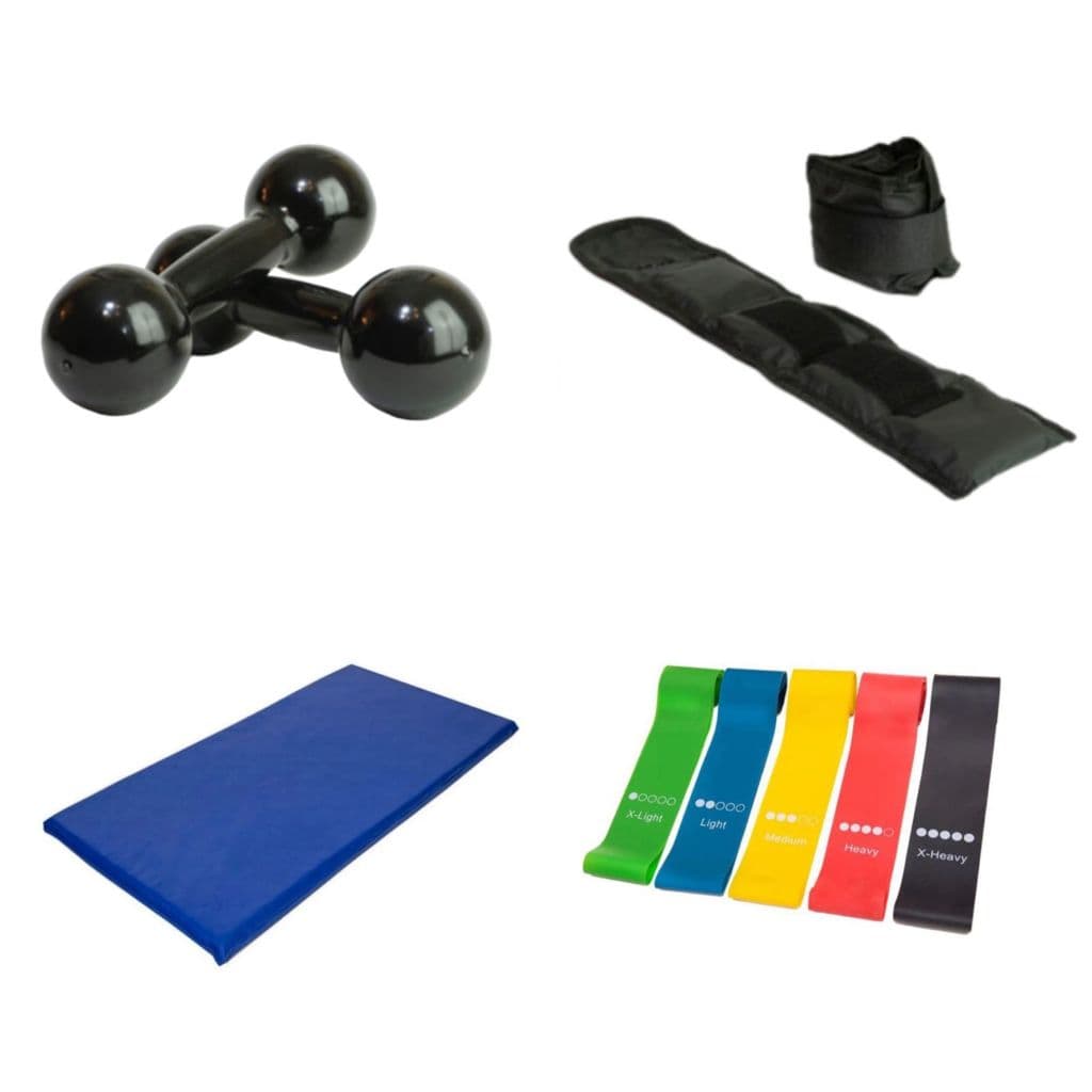 Kit Combo Treino Par Halter Emborrachado 3 Kg + Par Tornozeleira 2 kg + Colchonete + Kit Mini Band