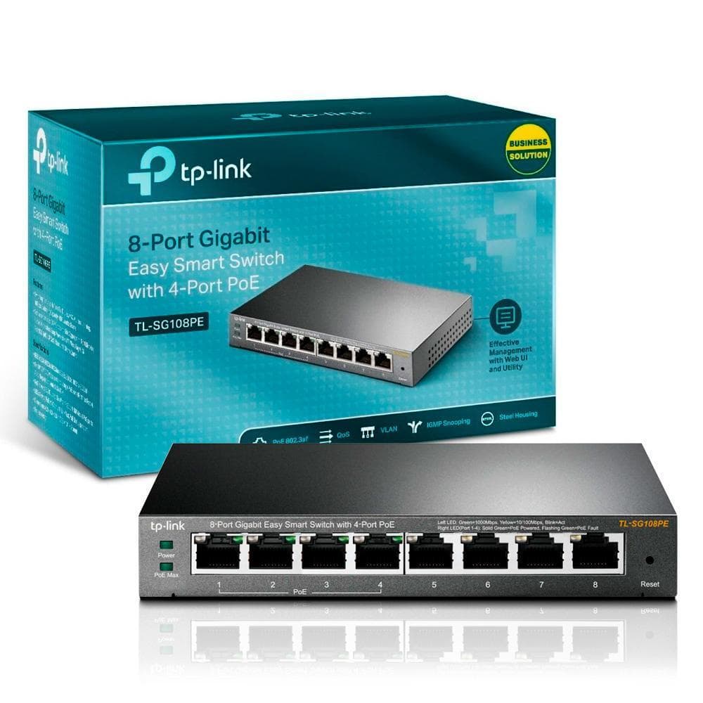 Switch de mesa Tp-Link TL-SG108PE Hub/Desktop - 8 portas c/ 4 portas PoE+ (versão 5)