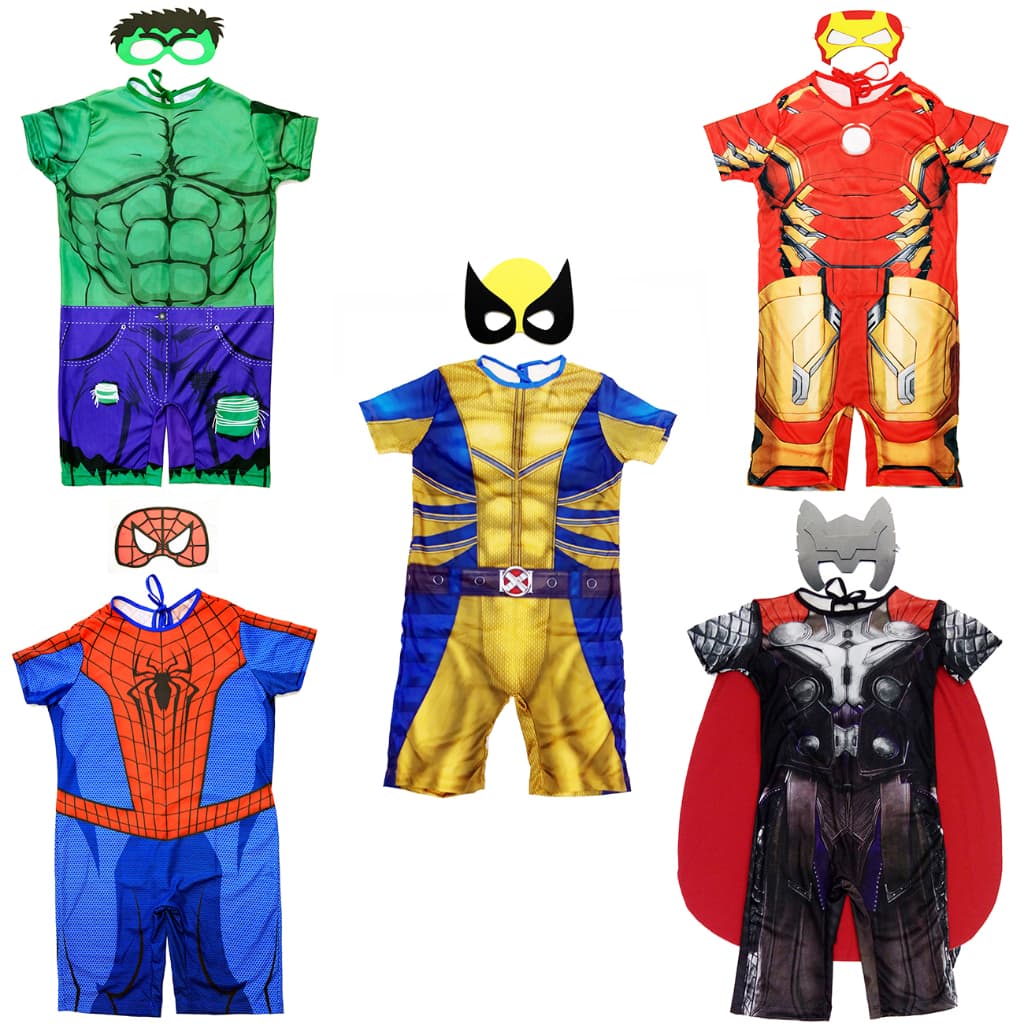 Fantasia Infantil, Hulk, Homem de Ferro, Wolverine, Home Aranha e Thor, todos com máscaras em EVA