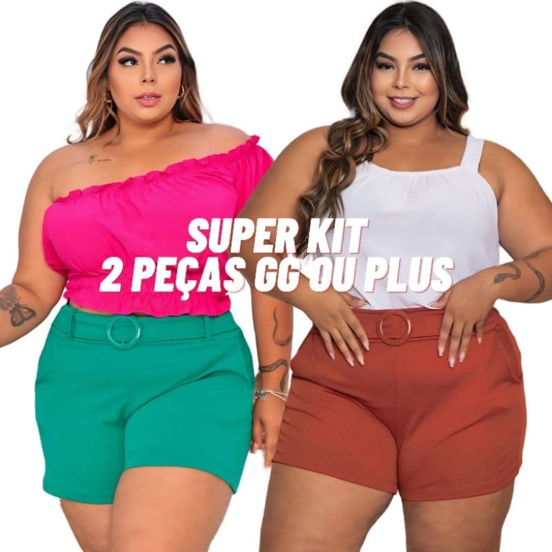 Short Feminino Kit 2 LEVE MAIS POR MENOS Short GG Plus Size 44 a 48 Malha Crepe com Bolso Curvy