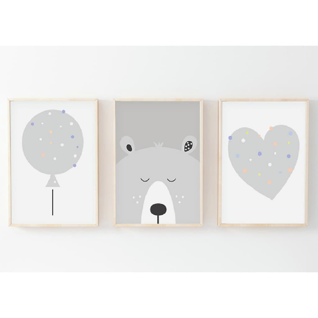 Quadros decorativos Infantis Urso e coração em tom de cinza (3 peças)