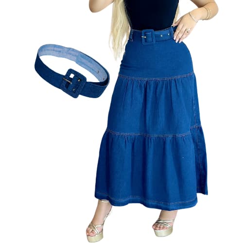 Saia Jeans Longa 3 Marias Acompanha Cinto com Lycra Cintura Alta Evangelica