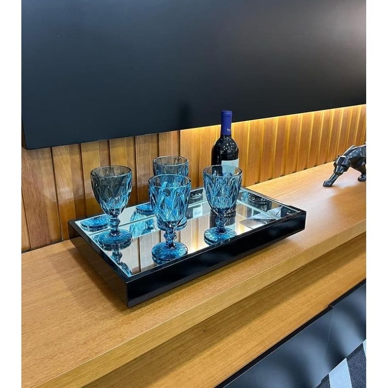 Bandeja Espelhada Pintura Laca Para Decorar Sala Taças Bar Preta