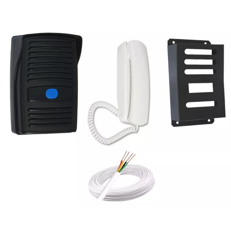 Kit Interfone Porteiro Eletronico PRETO c/ Capa de proteção Preta+ 50 metros Cabo