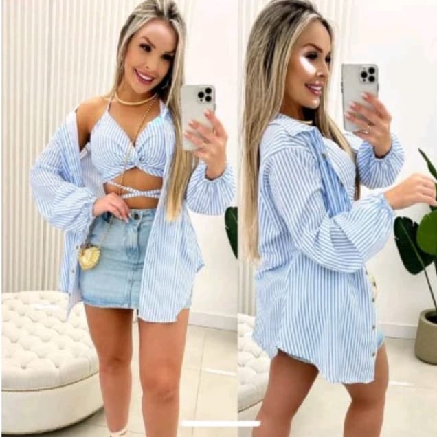 Conjunto Camisa Listrada Manga Longa E Cropped