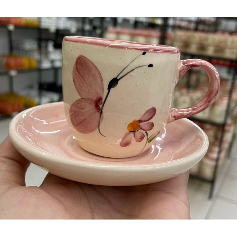 Xícara Café Chá Rosa Borboleta Em Cerâmica Pintado Á Mão
