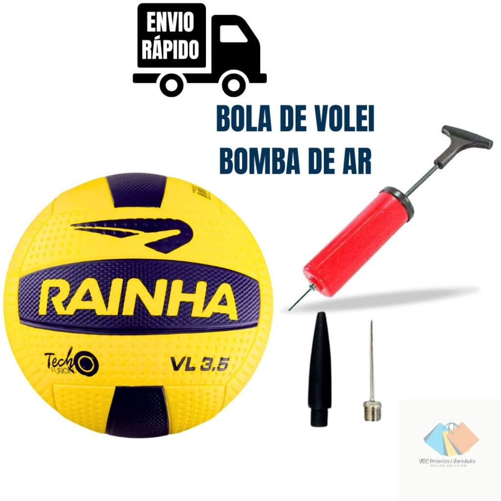 Bola de Vôlei Rainha 3.5 Profissional Oficial Amarela e Azul Quadra Salão Praia + Bomba De Ar Manual De Encher Bolas E Infláveis Com 02 Bicos