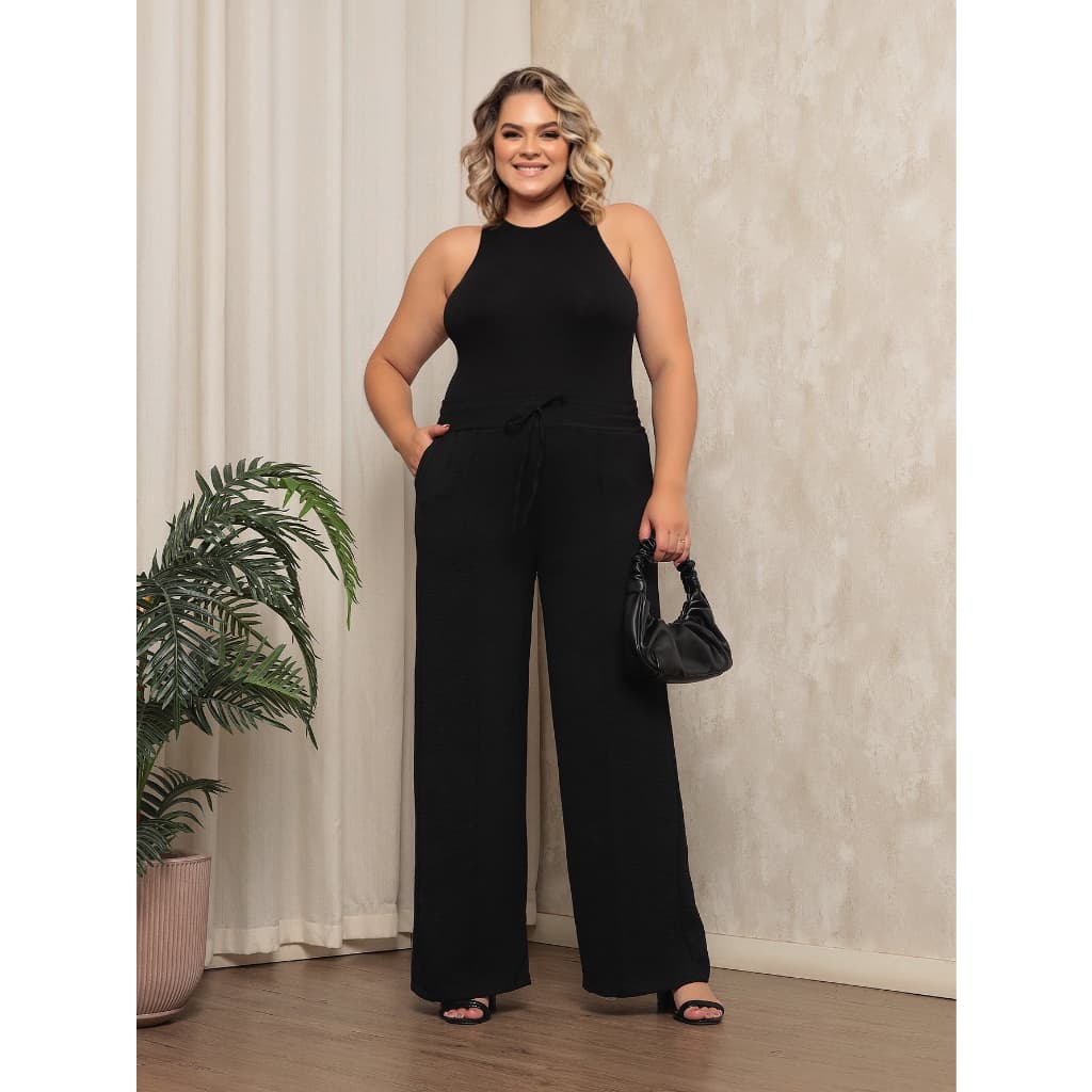 T060 Calça pantalona plus size em duna com elástico confortável
