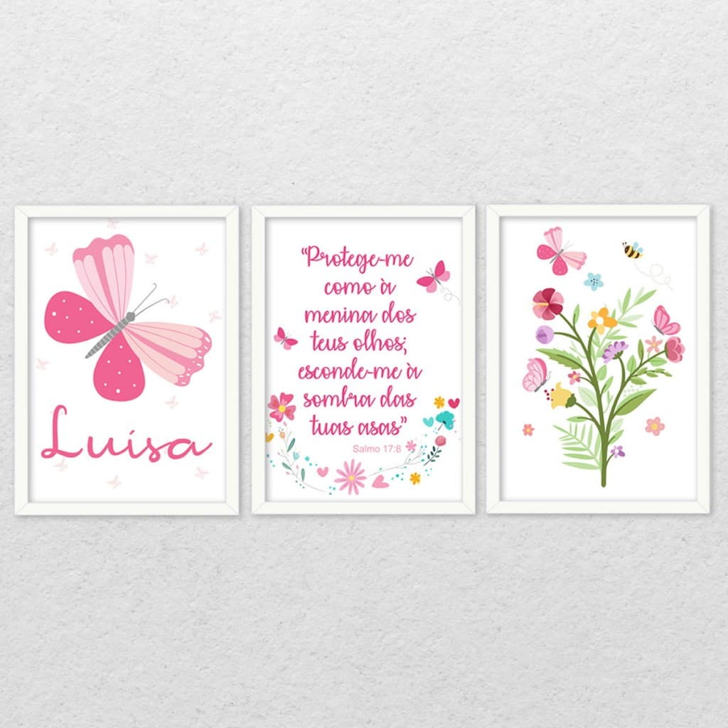 Kit 3 quadros decorativos infantil de borboletas Reza Oração Personalizado